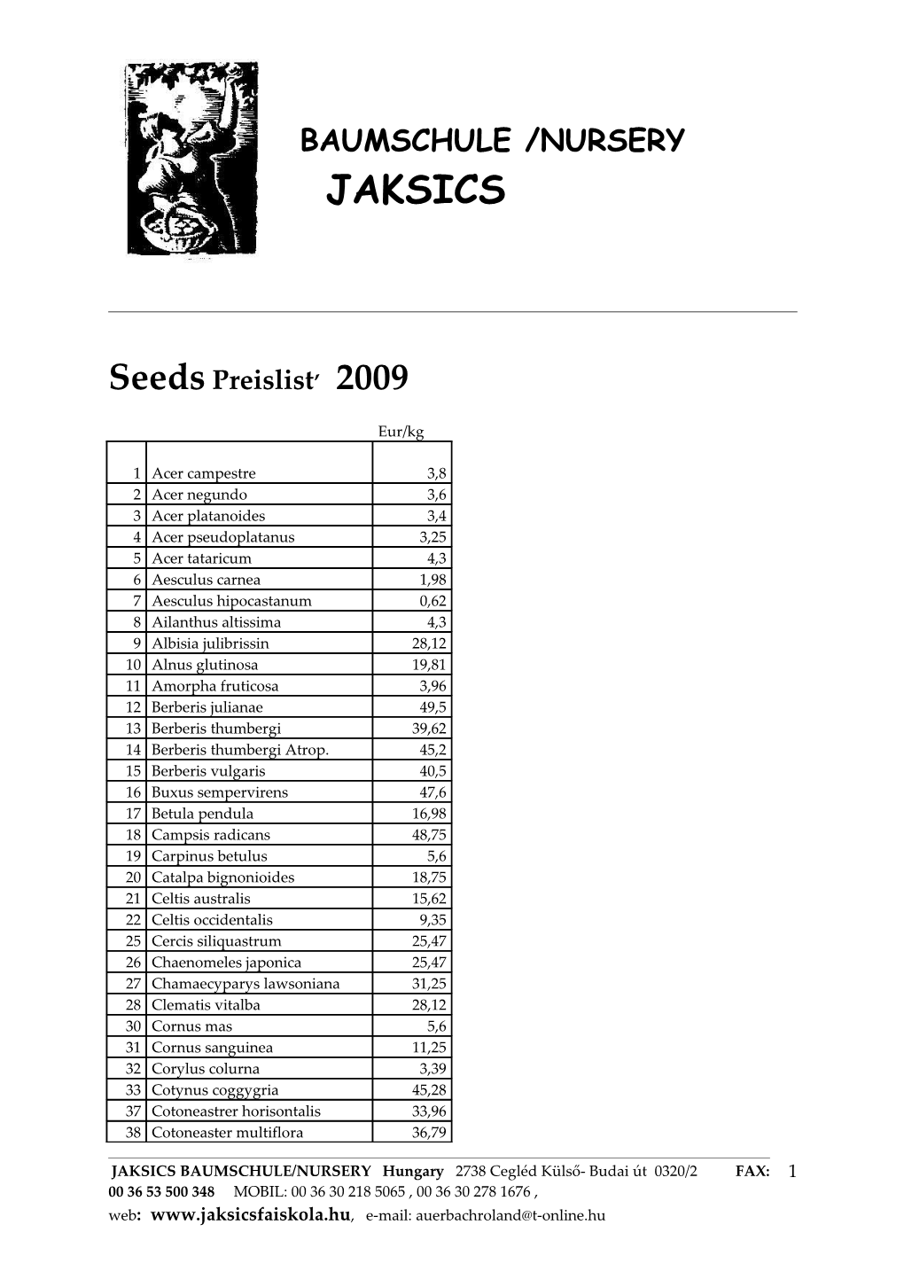 Seeds Preislist 2009