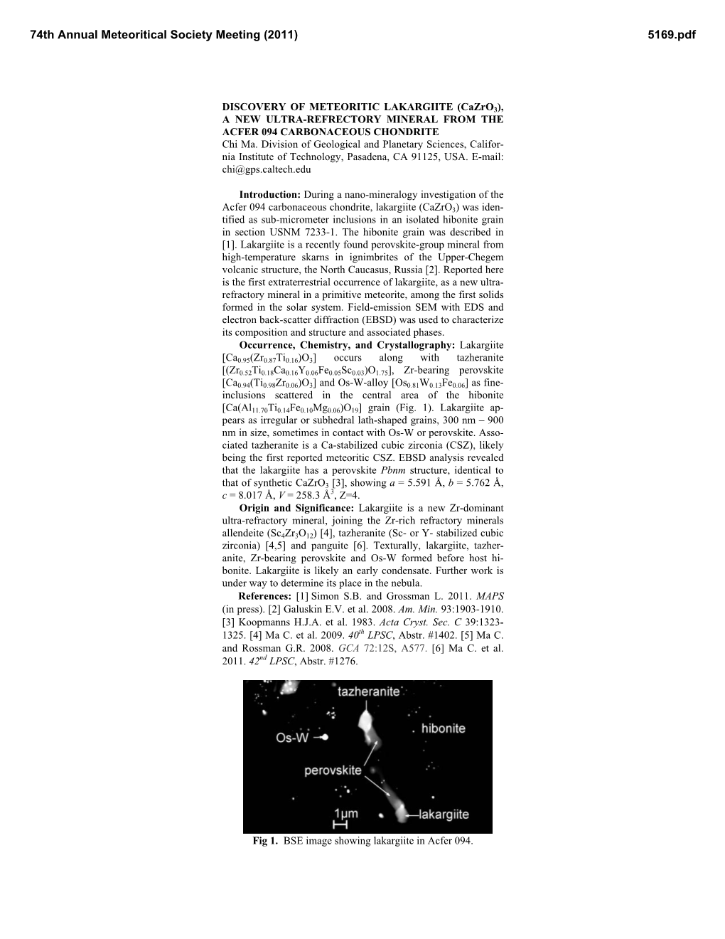 DISCOVERY of METEORITIC LAKARGIITE (Cazro3), a NEW ULTRA-REFRECTORY MINERAL from the ACFER 094 CARBONACEOUS CHONDRITE Chi Ma