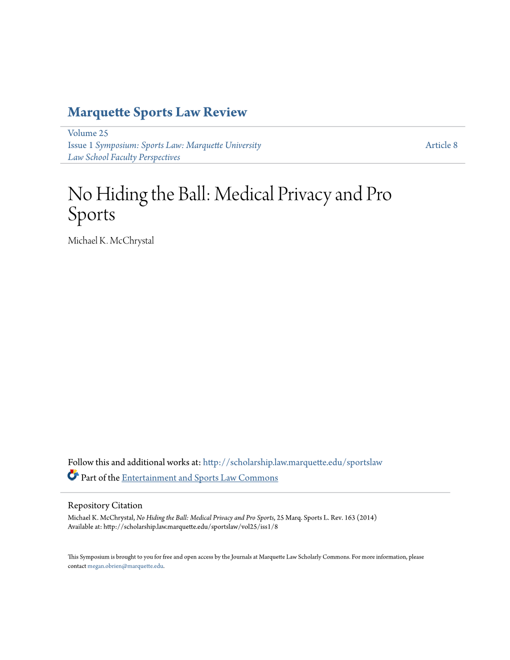 No Hiding the Ball: Medical Privacy and Pro Sports Michael K
