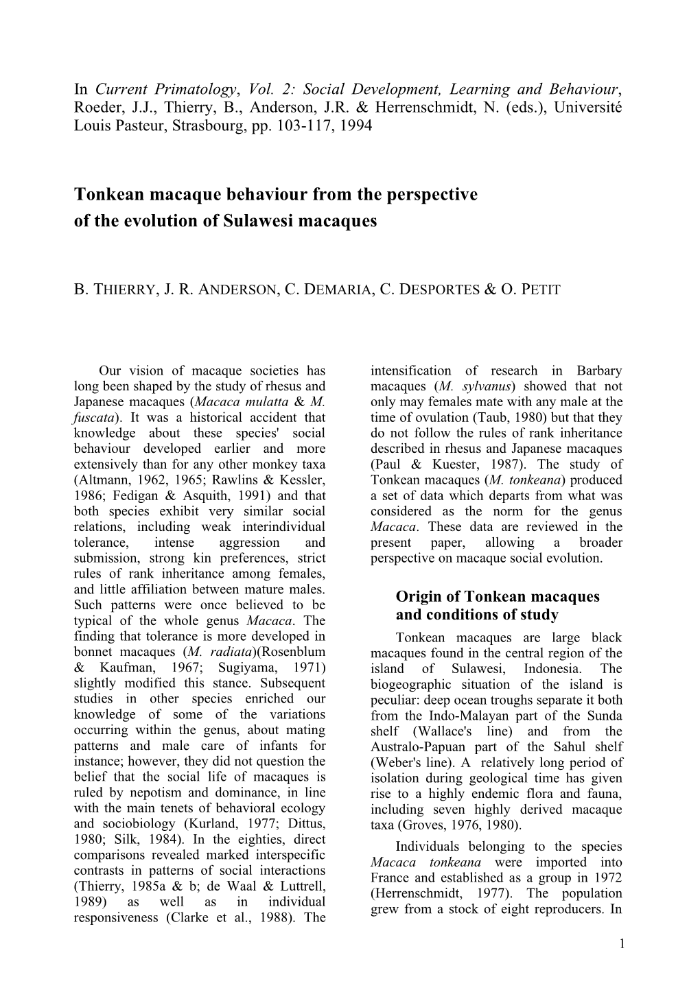 Tonkean Macaque Behaviour from the Perspective of the Evolution of Sulawesi Macaques