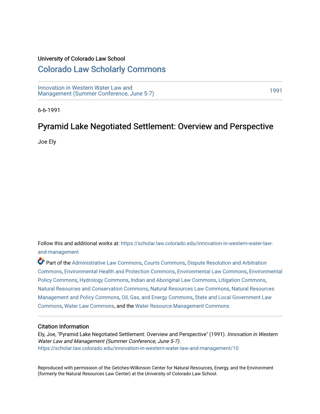 Pyramid Lake Negotiated Settlement: Overview and Perspective