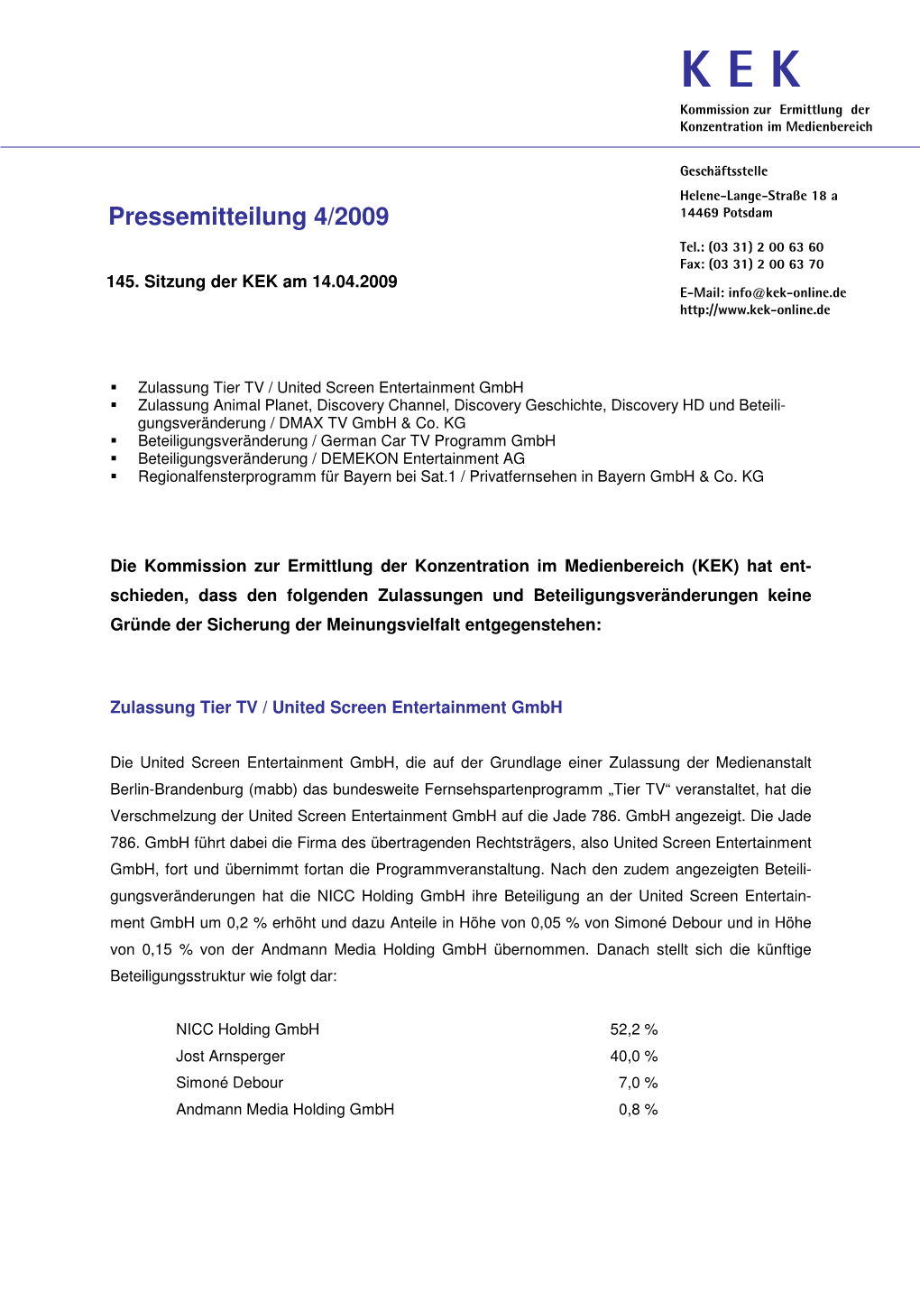 Pressemitteilung 4/2009 14469 Potsdam