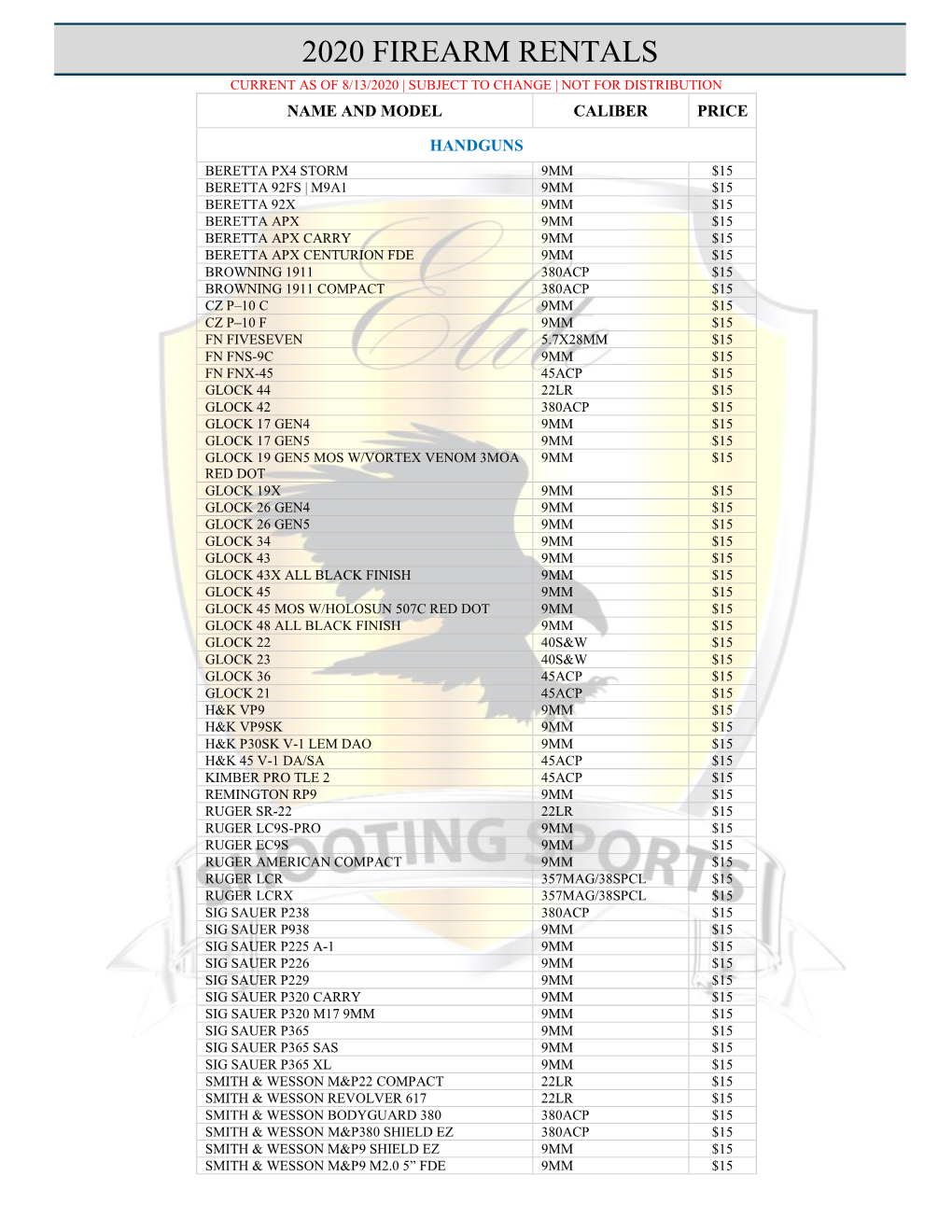 2020 Firearm Rentals Current As of 8/13/2020 | Subject to Change | Not for Distribution Name and Model Caliber Price