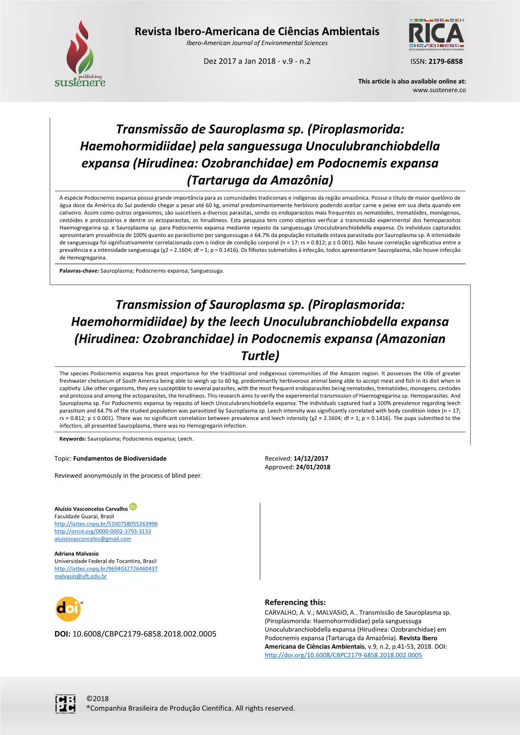 Pela Sanguessuga Unoculubranchiobdella Expansa (Hirudinea: Ozobranchidae) Em Podocnemis Expansa (Tartaruga Da Amazônia)