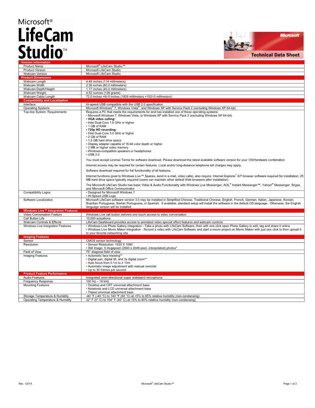 Version Information Product Name Microsoft® Lifecam Studio