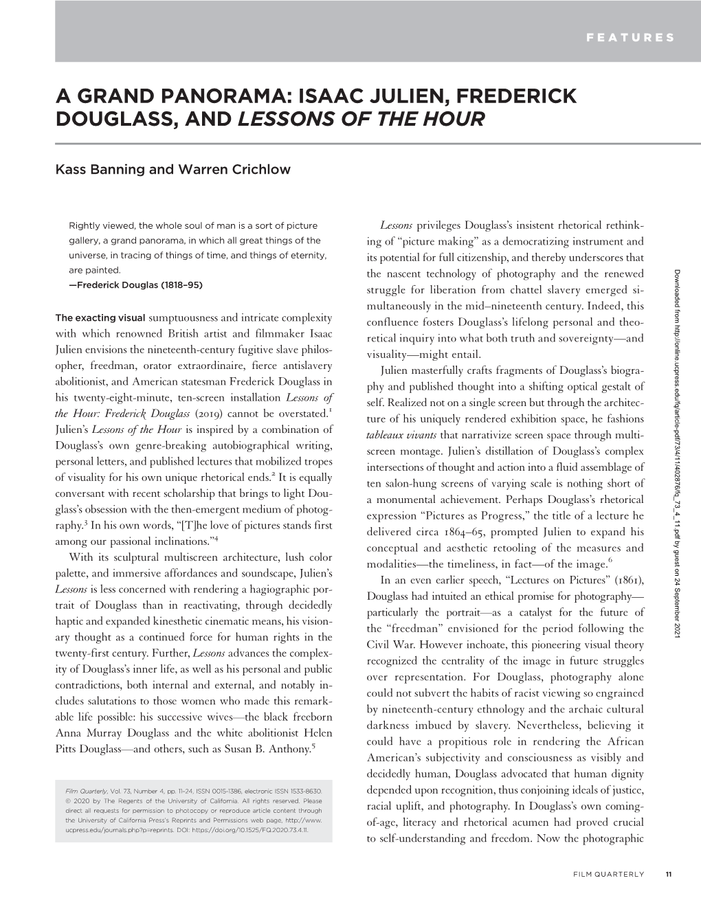 Isaac Julien, Frederick Douglass, and Lessons of the Hour