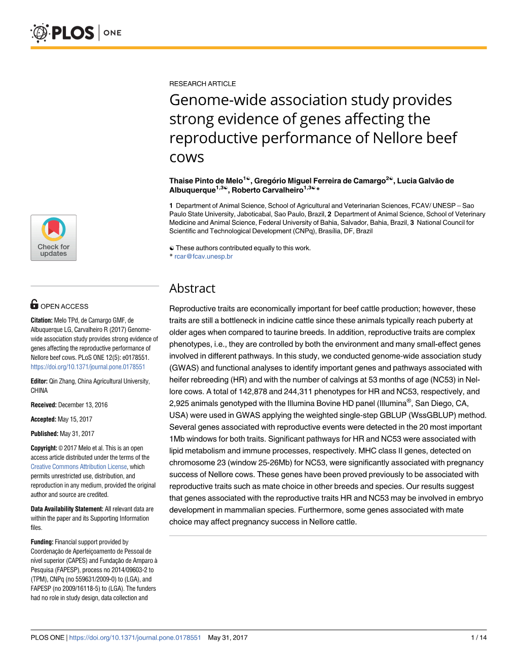 Genome-Wide Association Study Provides Strong Evidence of Genes Affecting the Reproductive Performance of Nellore Beef Cows