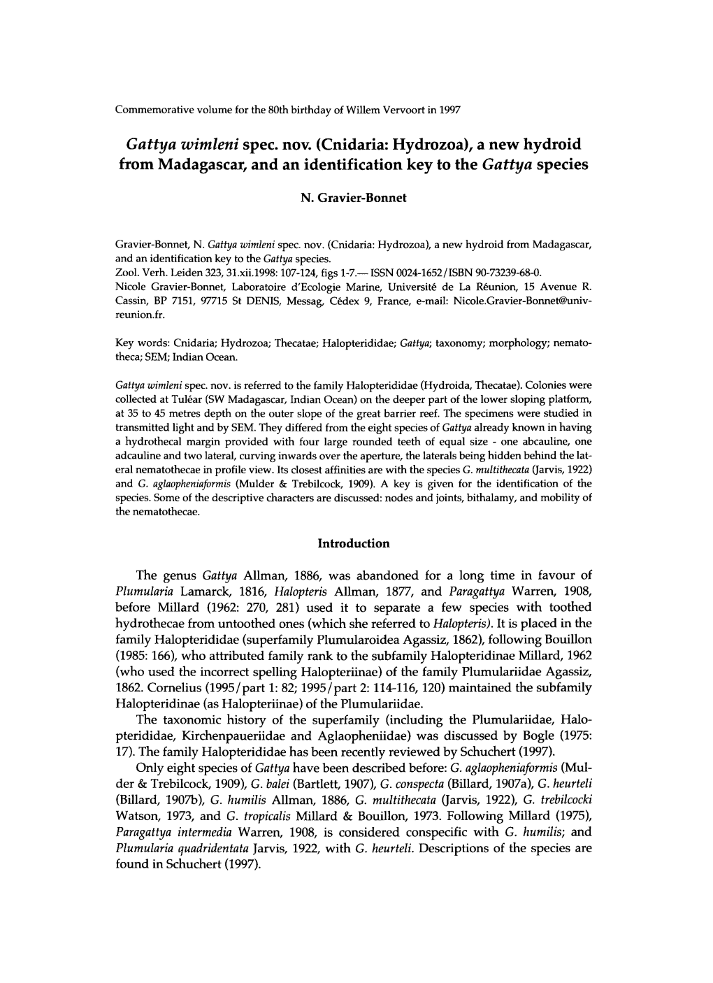 Gattya Wimleni Spec. Nov. (Cnidaria: Hydrozoa), a New Hydroid from Madagascar, and an Identification Key to the Gattya Species