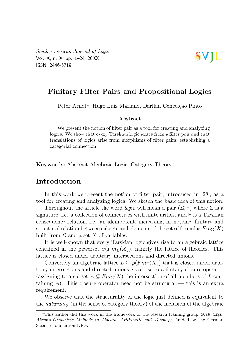 Finitary Filter Pairs and Propositional Logics Introduction