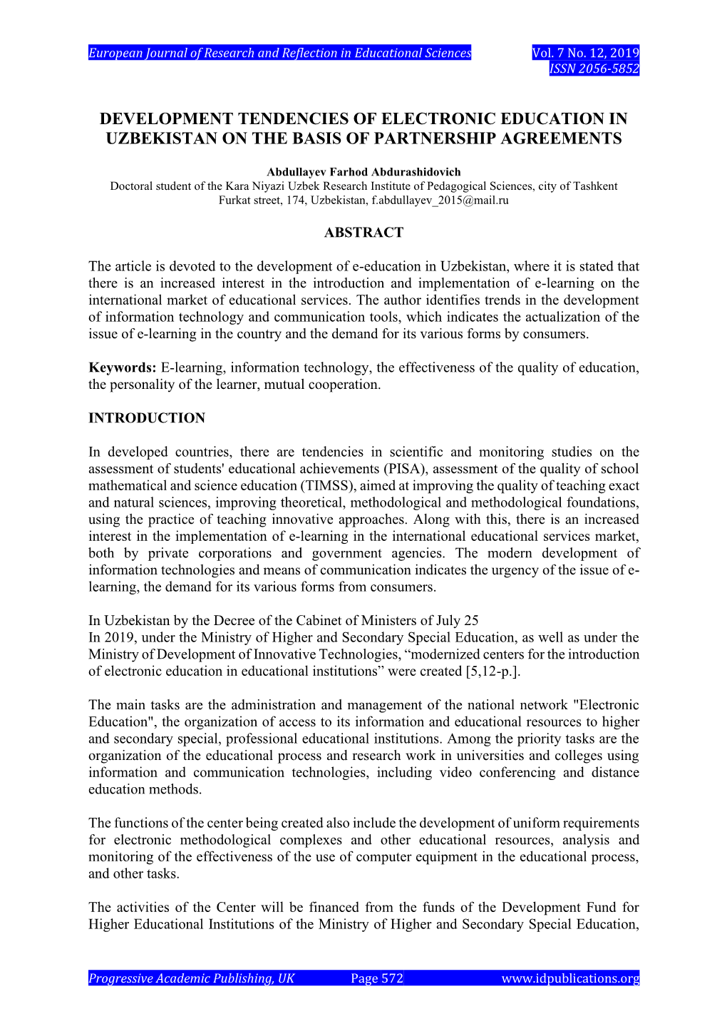 Development Tendencies of Electronic Education in Uzbekistan on the Basis of Partnership Agreements