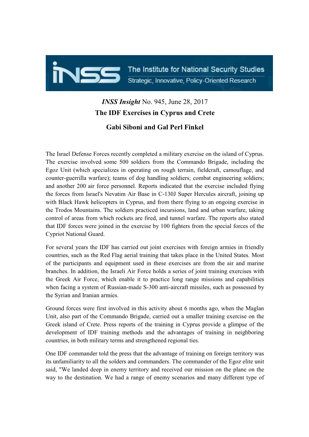 INSS Insight No. 945, June 28, 2017 the IDF Exercises in Cyprus and Crete