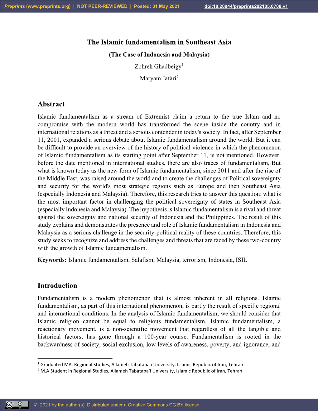 The Islamic Fundamentalism in Southeast Asia Abstract Introduction