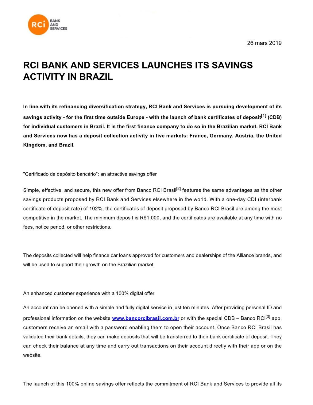 Rci Bank and Services Launches Its Savings Activity in Brazil