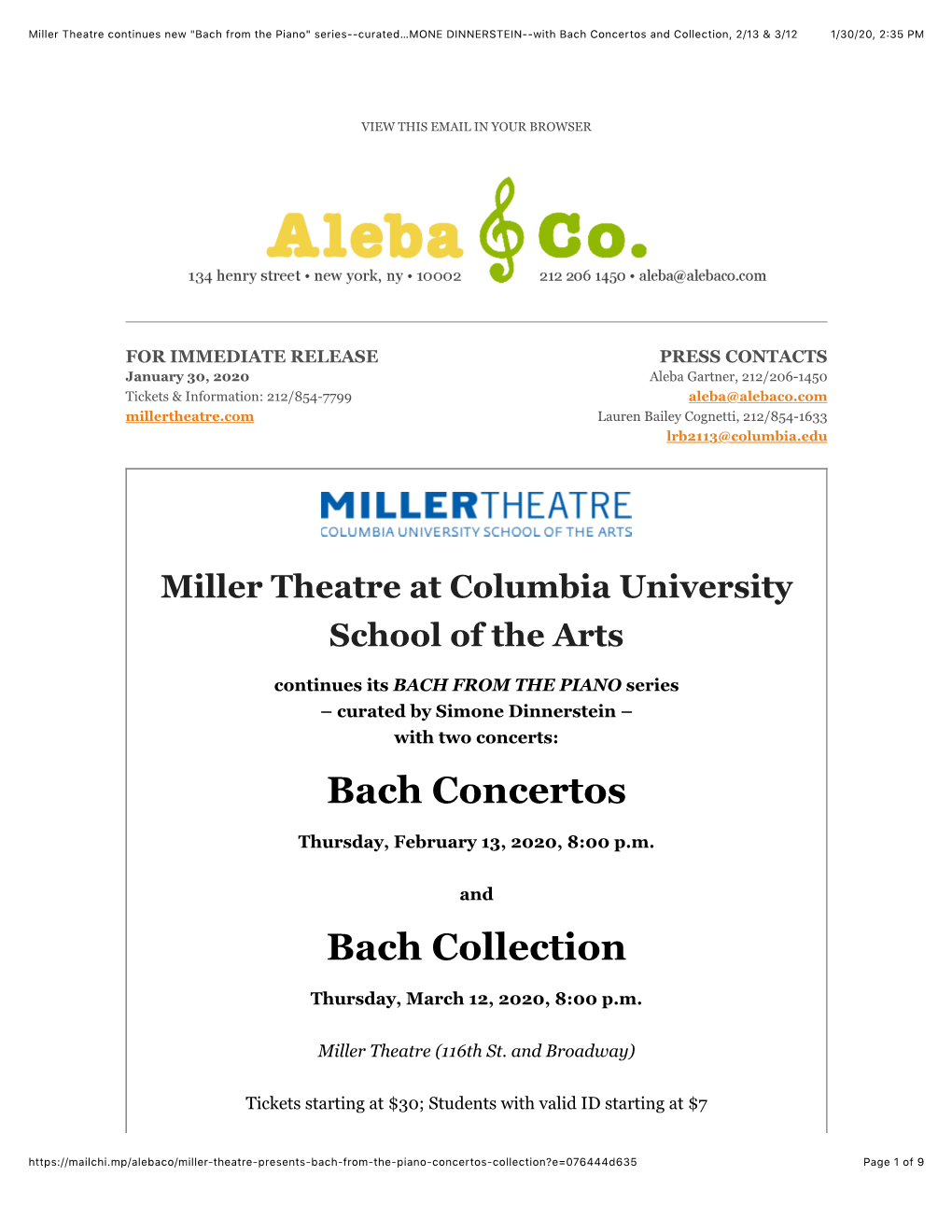 Miller Theatre Continues New "Bach from the Piano" Series--Curated by SIMONE DINNERSTEIN--With Bach Concertos and Coll