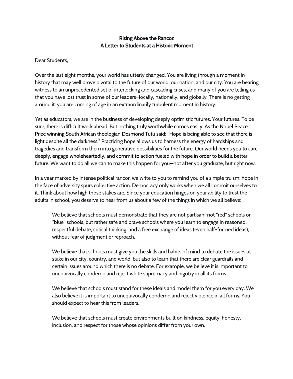 Rising Above the Rancor: a Letter to Students at a Historic Moment