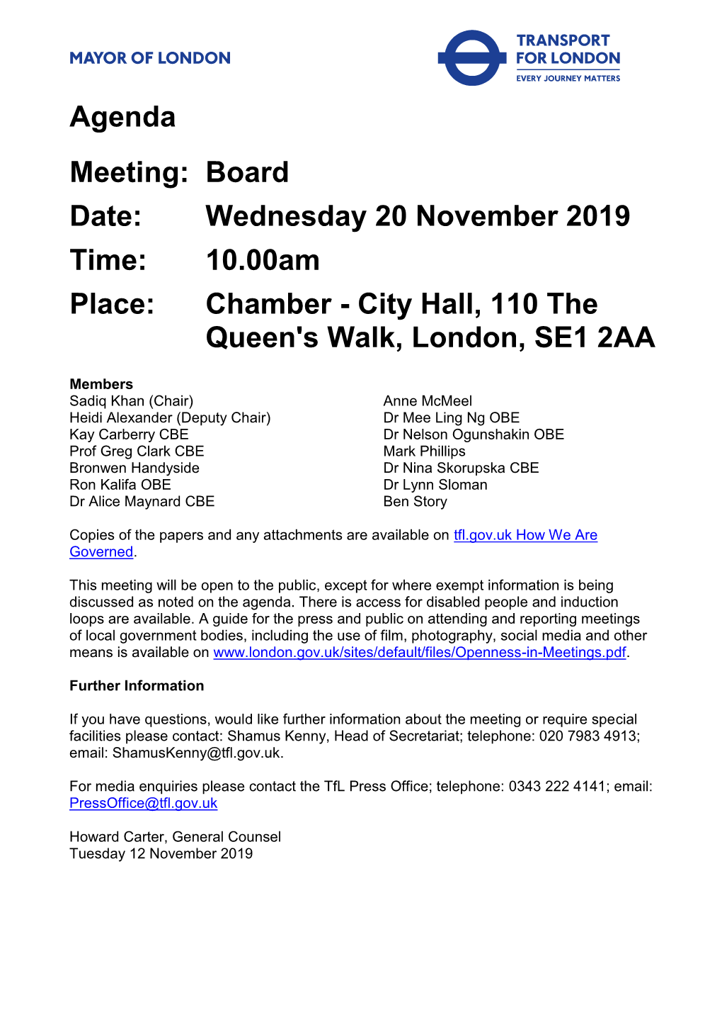 Tfl Board Meeting Agenda and Papers 20 November 2019