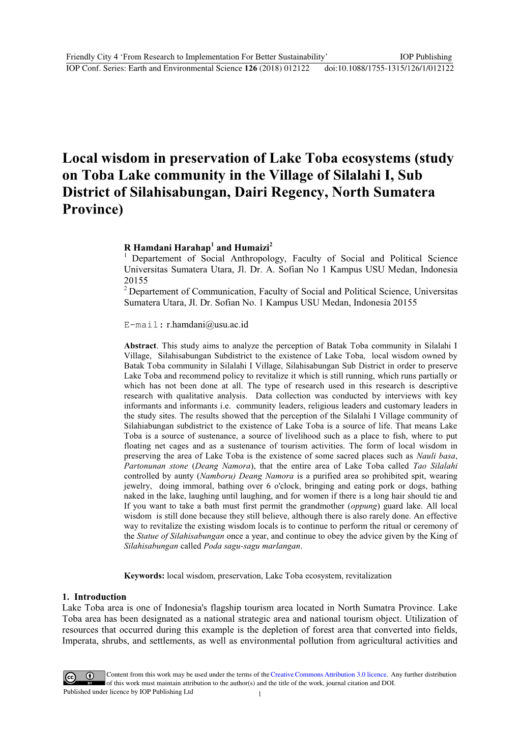 Local Wisdom in Preservation of Lake Toba Ecosystems (Study On