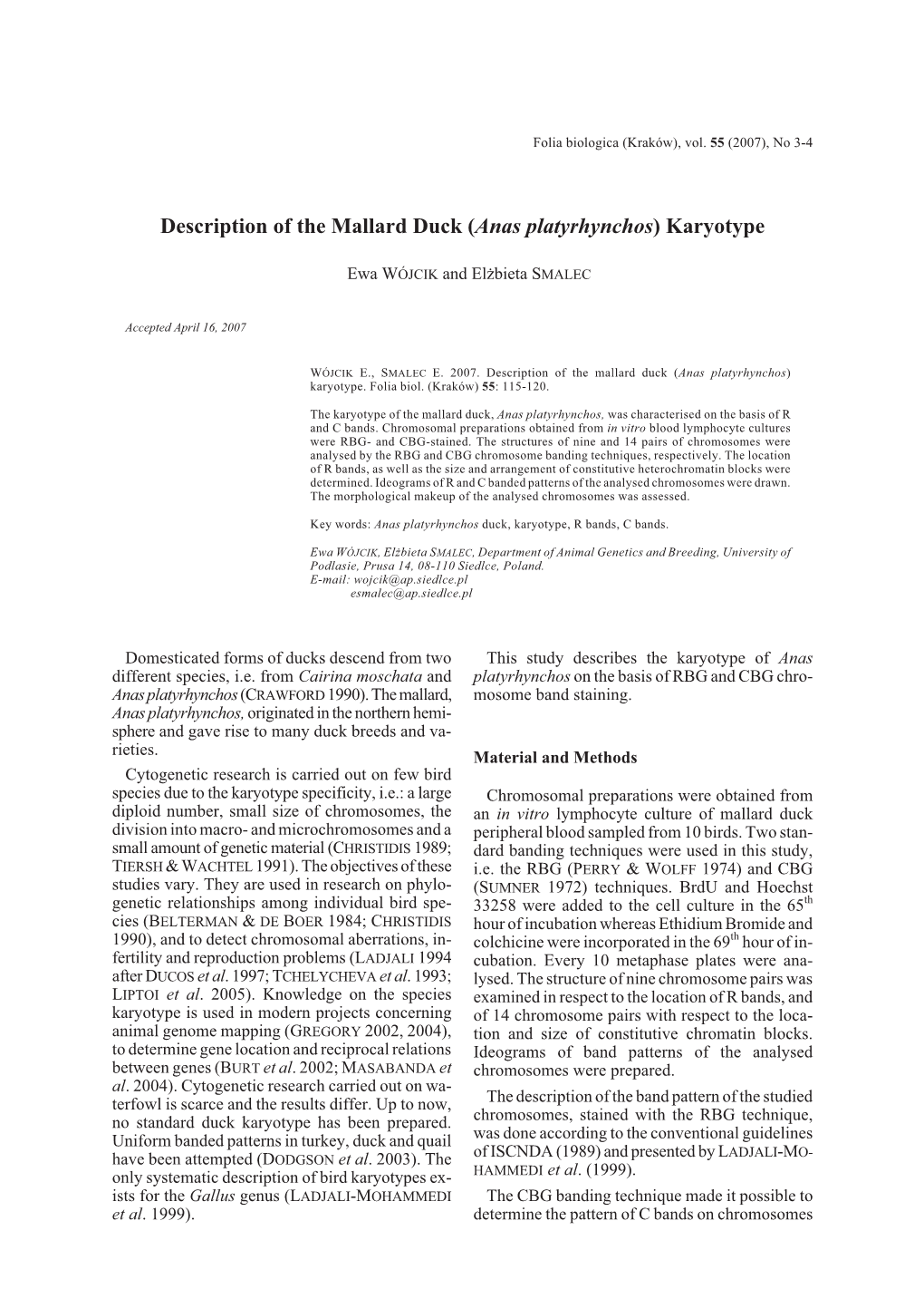 Description of the Mallard Duck (Anas Platyrhynchos) Karyotype