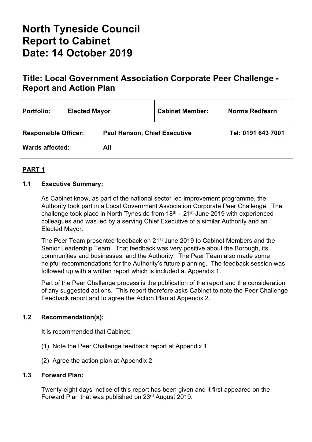 Local Government Association Corporate Peer Challenge - Report and Action Plan