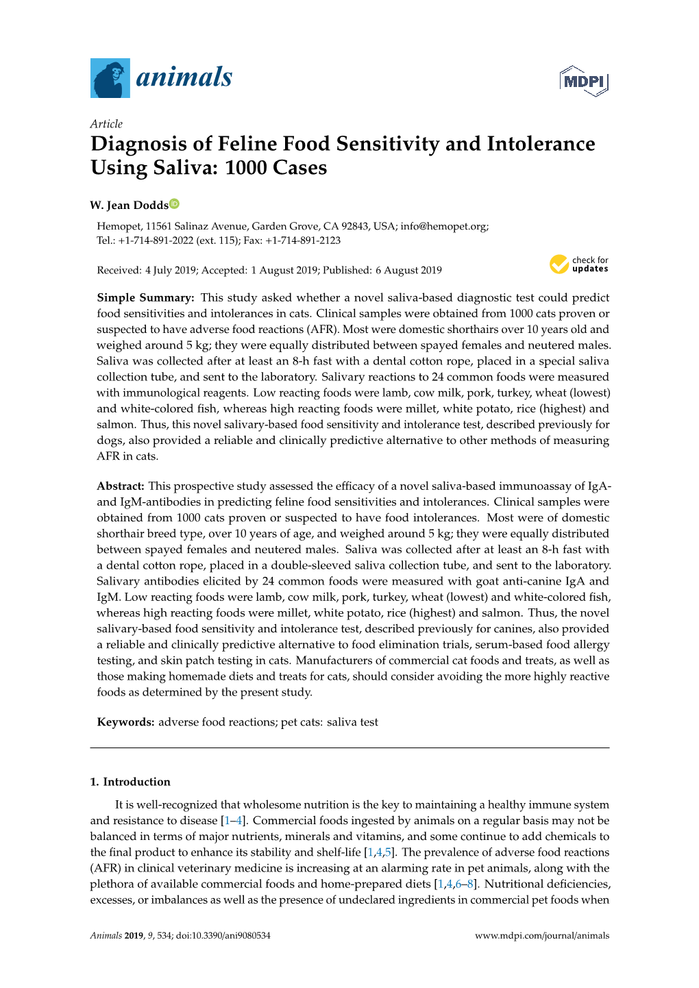 Diagnosis of Feline Food Sensitivity and Intolerance Using Saliva: 1000 Cases