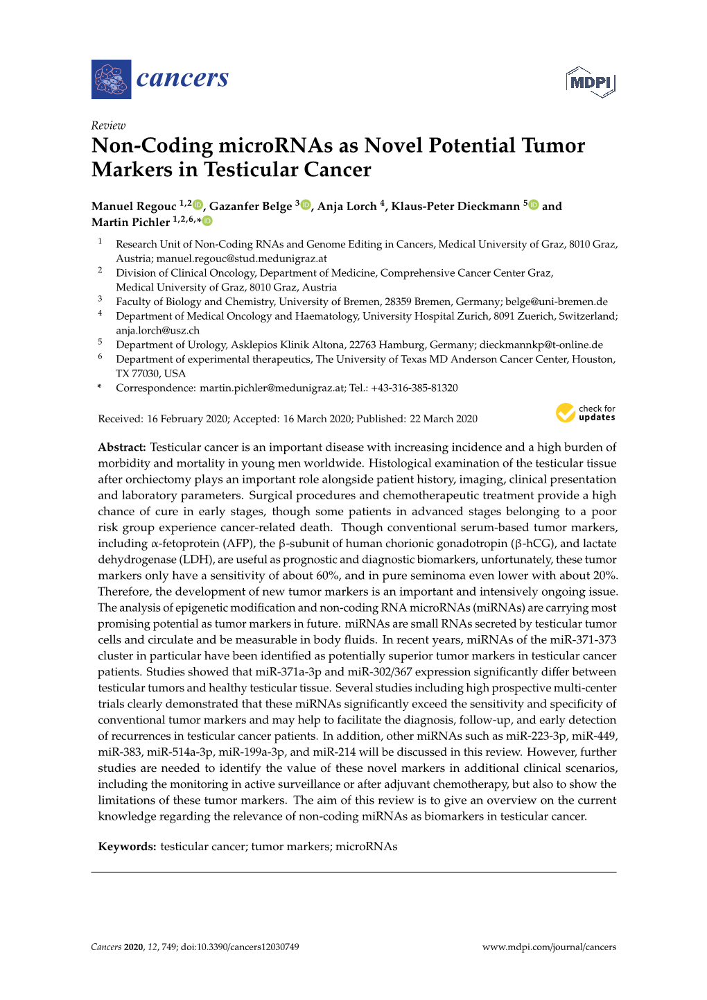 Non-Coding Micrornas As Novel Potential Tumor Markers in Testicular Cancer