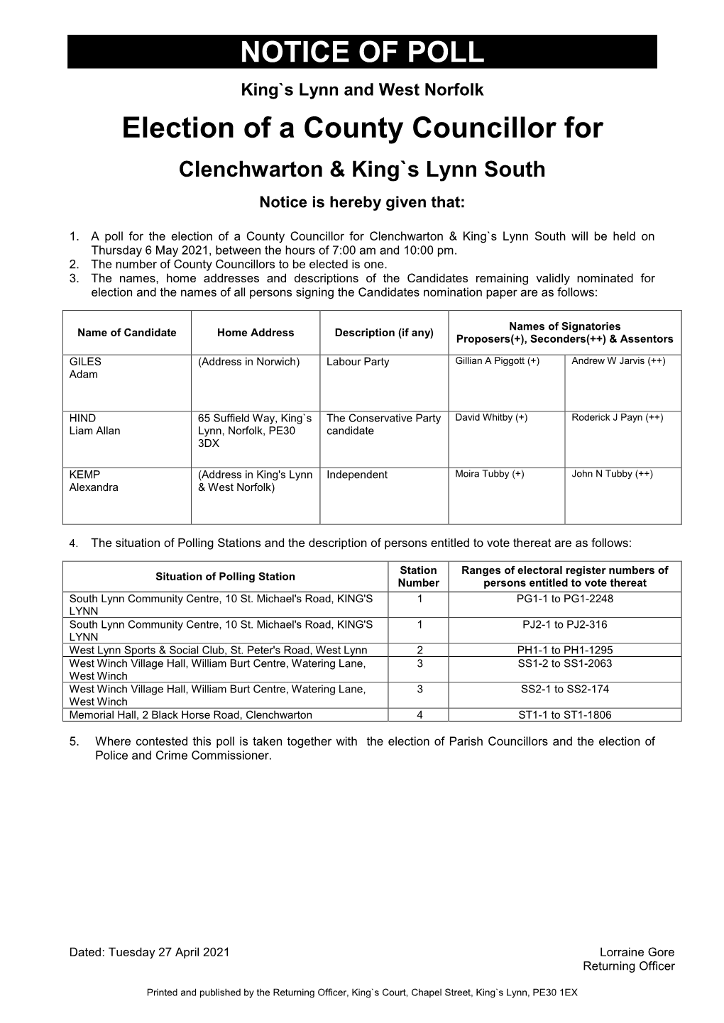 NOTICE of POLL Election of a County Councillor