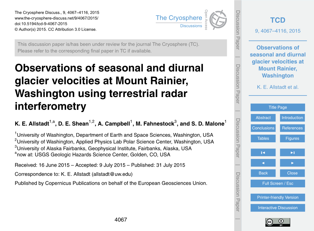 Observations of Seasonal and Diurnal Glacier Velocities at Mount Rainier, Washington Using Terrestrial Radar Interferometry