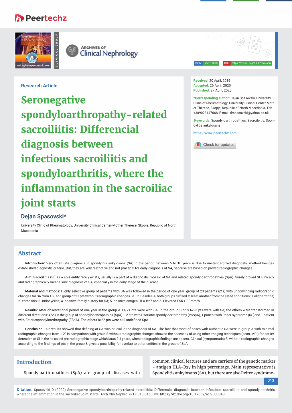 Seronegative Spondyloarthropathy