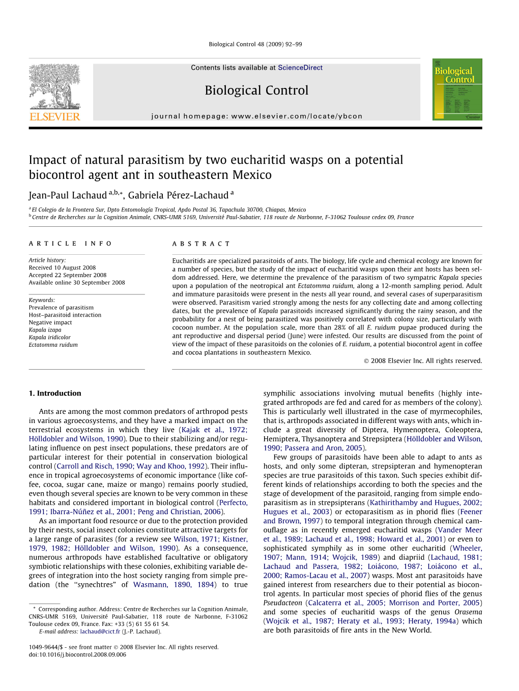 Impact of Natural Parasitism by Two Eucharitid Wasps on a Potential Biocontrol Agent Ant in Southeastern Mexico