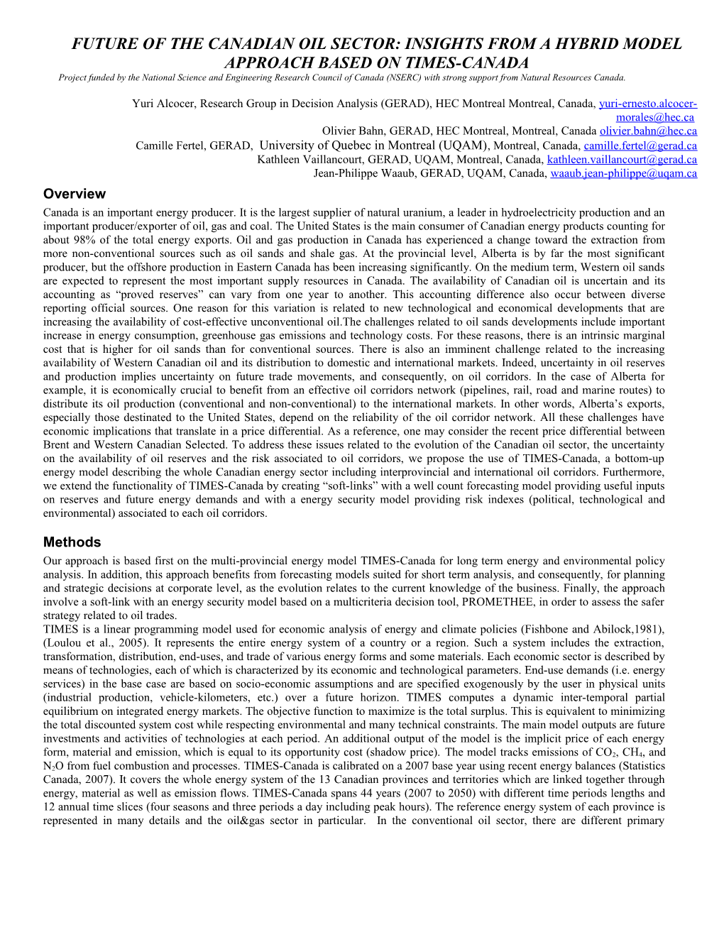 Future of the Canadian Oil Sector: Insights from a Hybrid Model Approach Based on Times-Canada