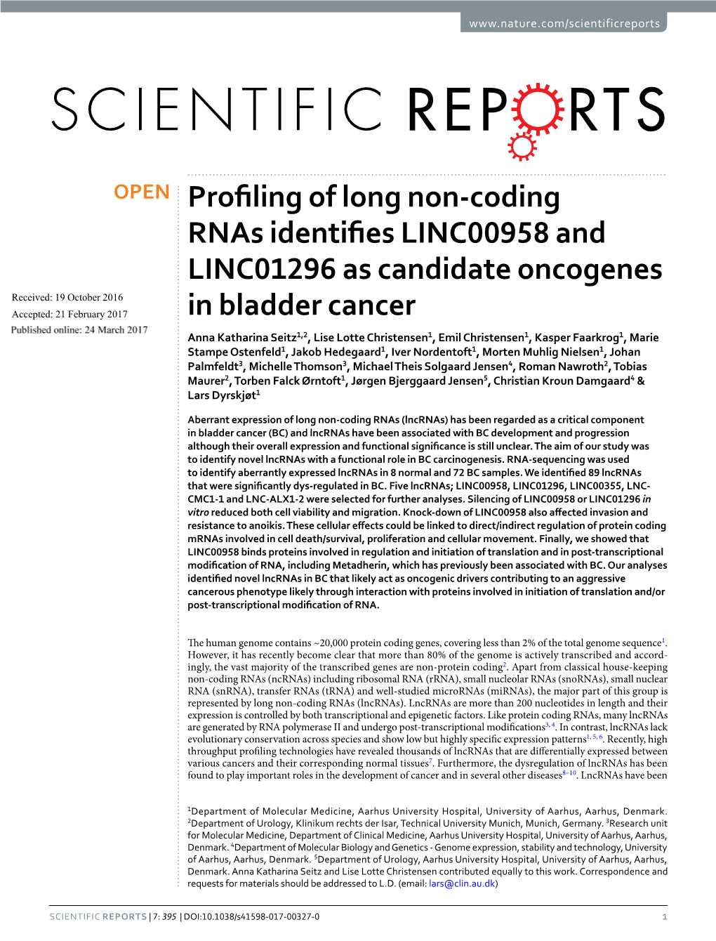 Profiling of Long Non-Coding Rnas Identifies LINC00958 and LINC01296 As Candidate Oncogenes in Bladder Cancer