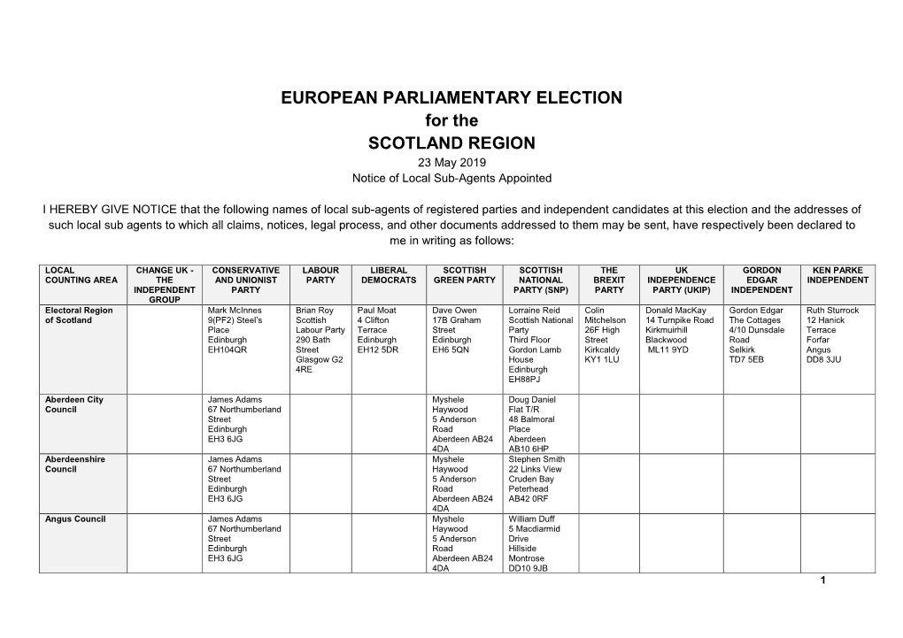 EUROPEAN PARLIAMENTARY ELECTION for the SCOTLAND REGION 23 May 2019 Notice of Local Sub-Agents Appointed