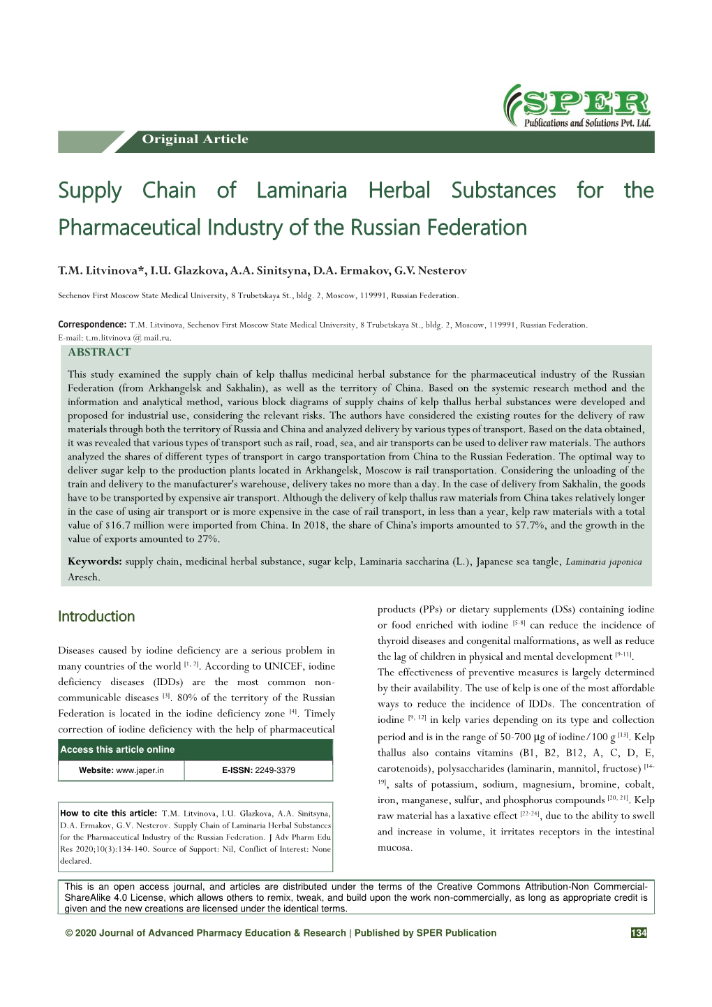 Supply Chain of Laminaria Herbal Substances for the Pharmaceutical Industry of the Russian Federation