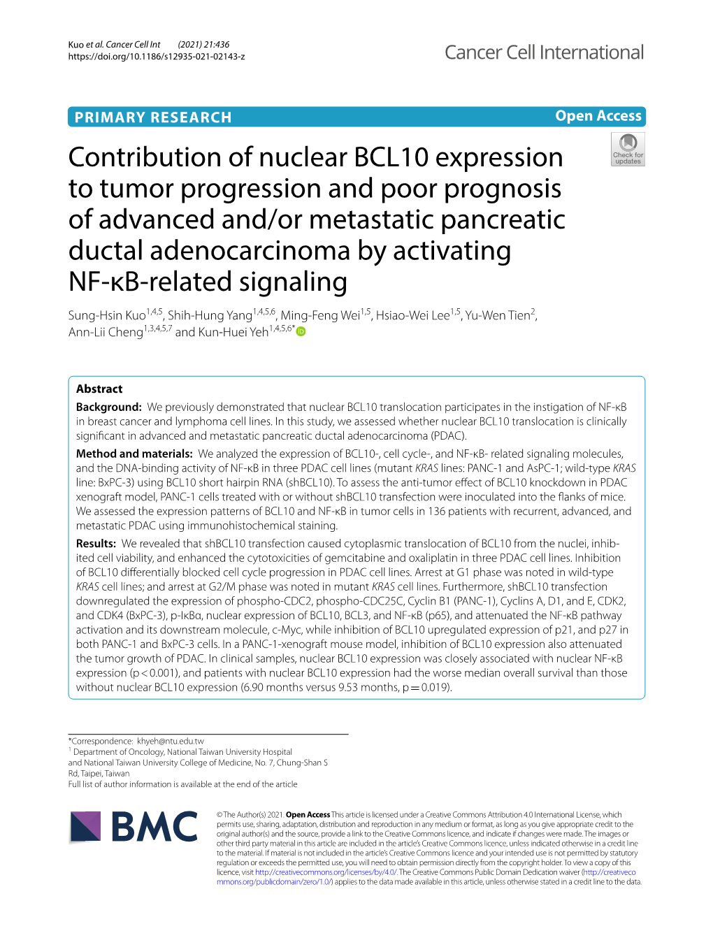 Contribution of Nuclear BCL10 Expression to Tumor Progression