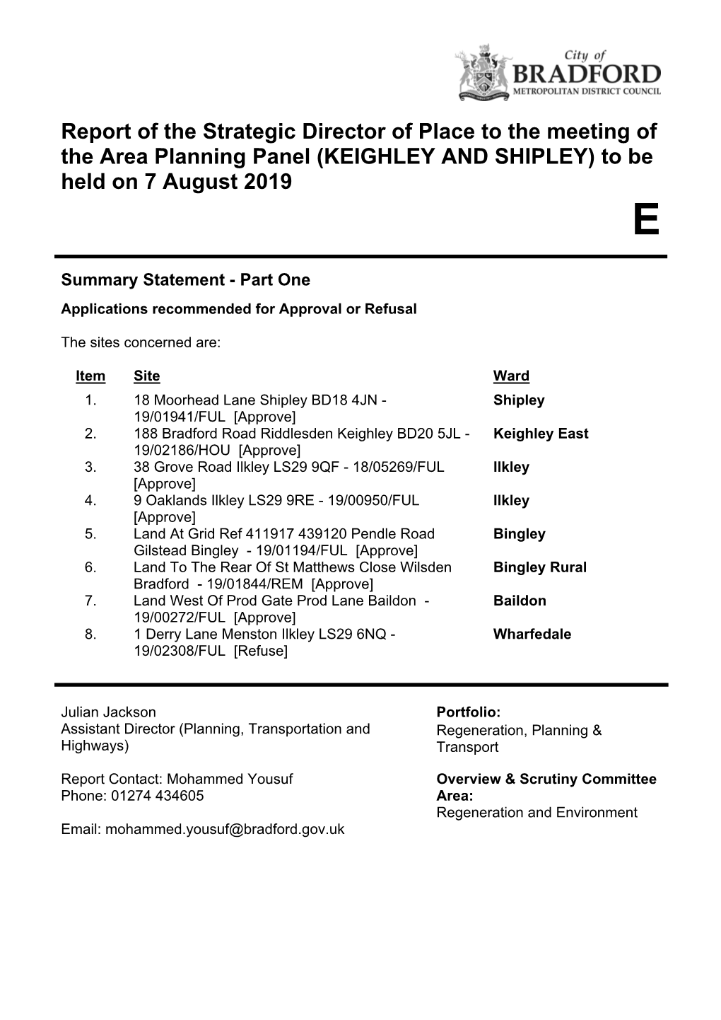 (KEIGHLEY and SHIPLEY) to Be Held on 7 August 2019 E