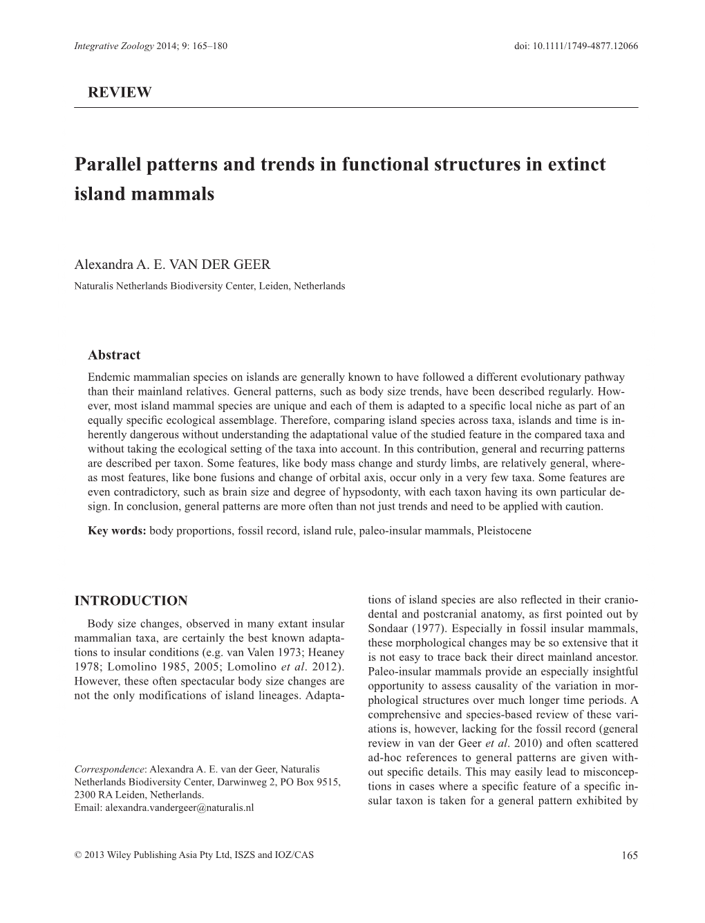 Parallel Patterns and Trends in Functional Structures in Extinct 6 7 7 8 8 9 Island Mammals 9 10 10 11 11 12 12 13 Alexandra A