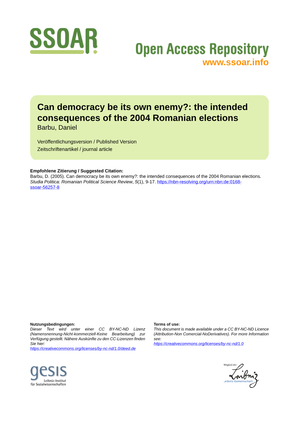 The Intended Consequences of the 2004 Romanian Elections Barbu, Daniel