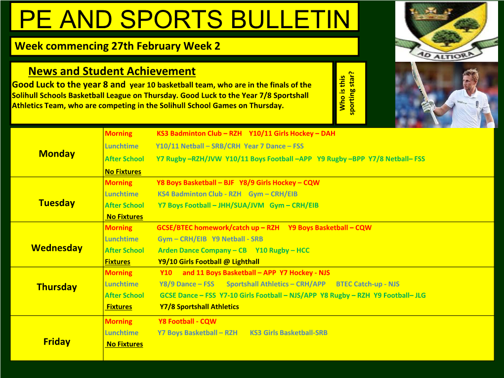 PE and SPORTS BULLETIN Week Commencing 27Th February Week 2