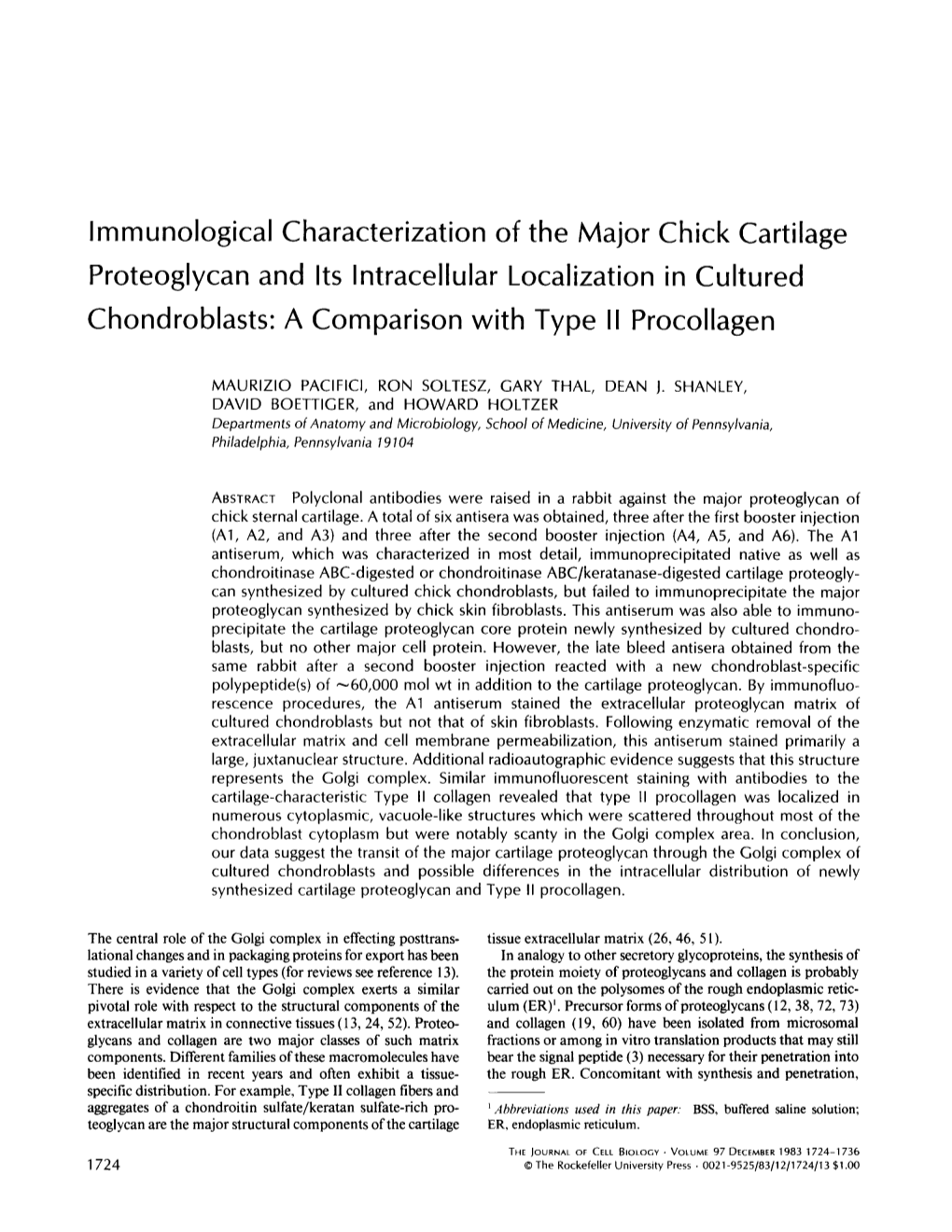 Immunological Characterization of the Major Chick Cartilage Proteoglycan