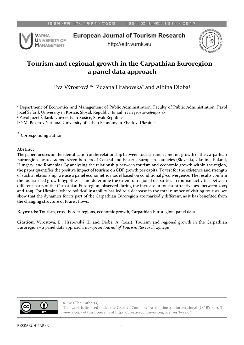 Tourism and Regional Growth in the Carpathian Euroregion – a Panel Data Approach