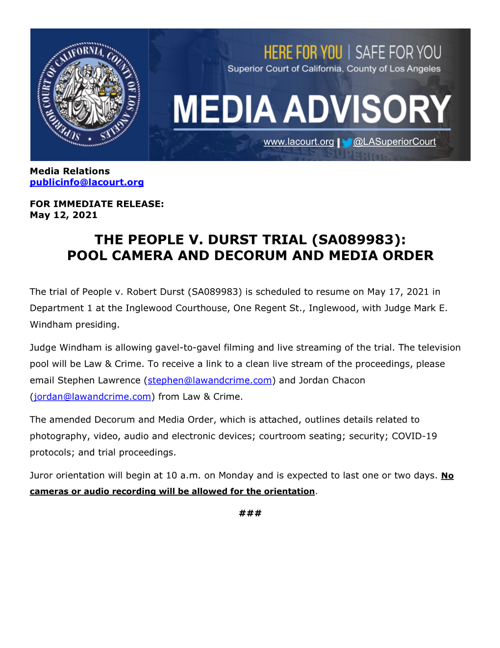 The People V. Durst Trial (Sa089983): Pool Camera and Decorum and Media Order