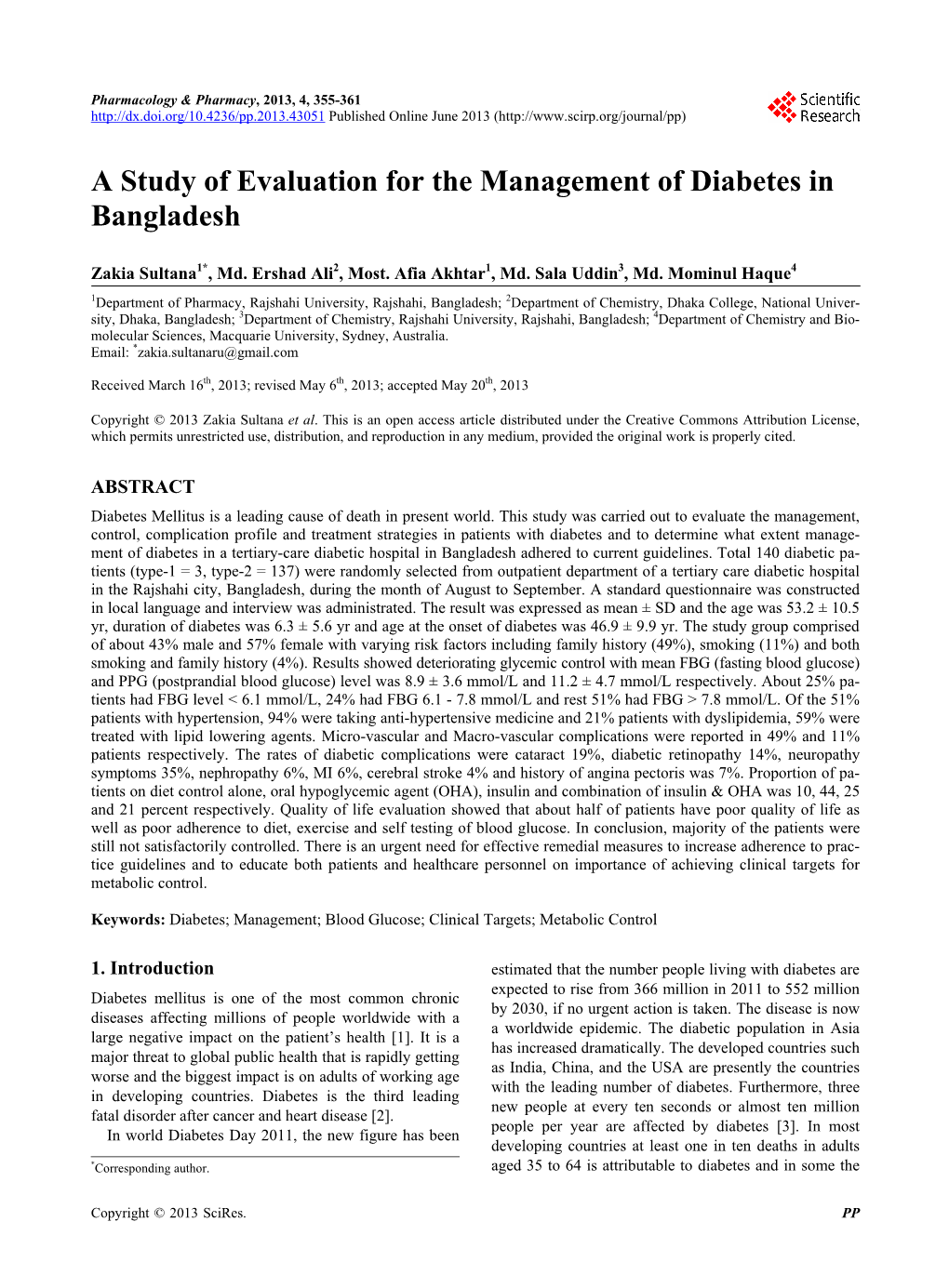 A Study of Evaluation for the Management of Diabetes in Bangladesh