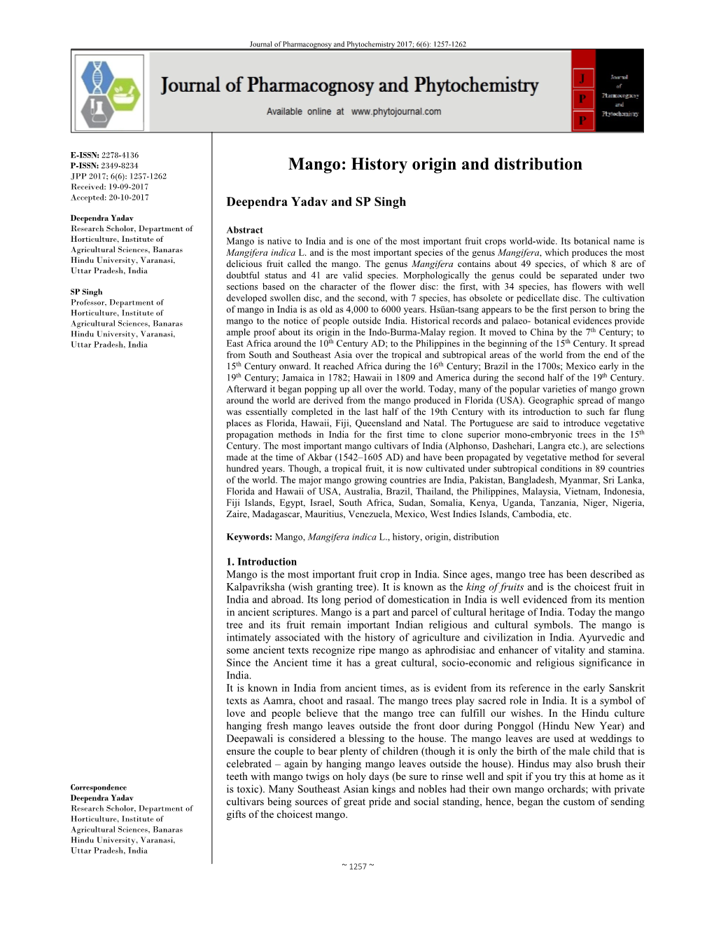 Mango: History Origin and Distribution