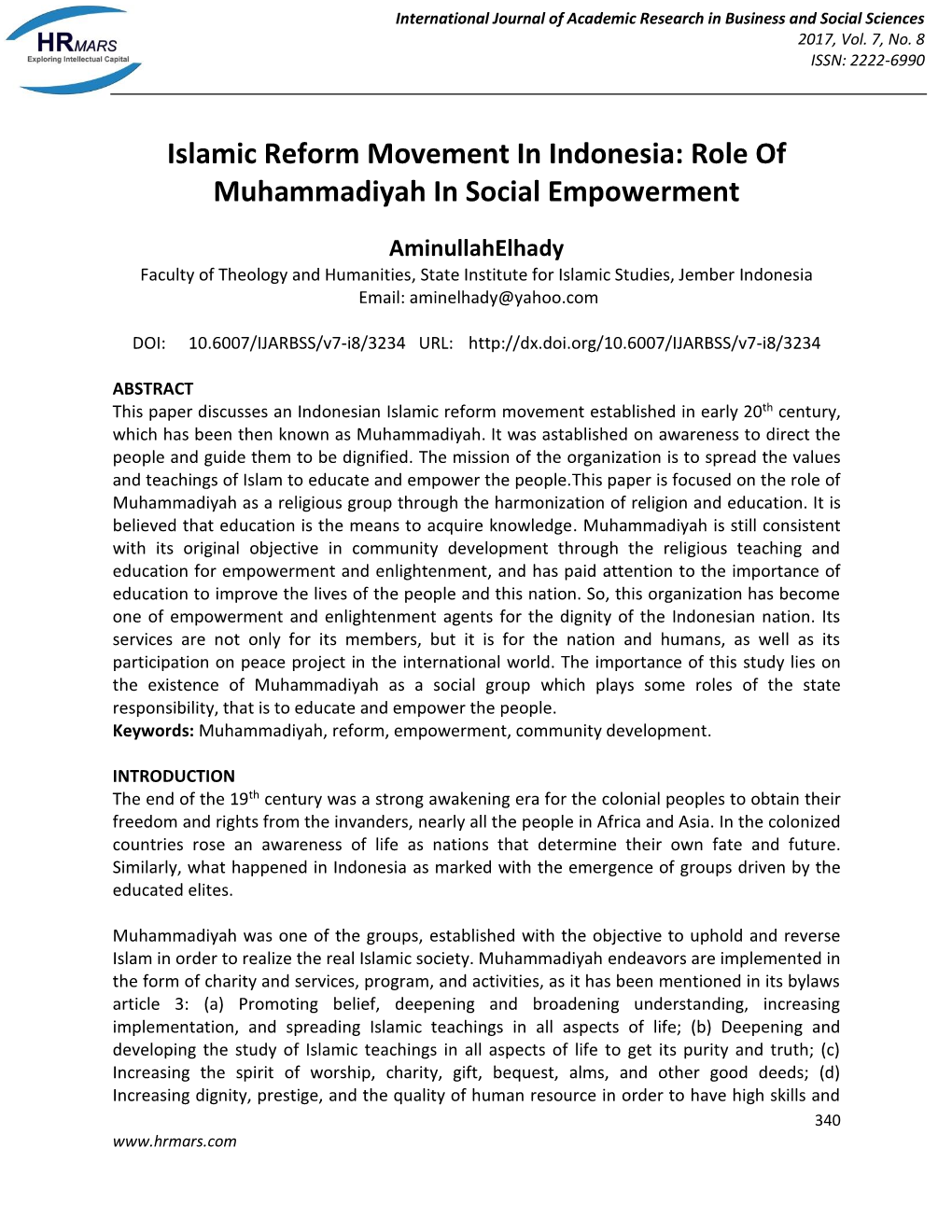 Islamic Reform Movement in Indonesia: Role of Muhammadiyah in Social Empowerment