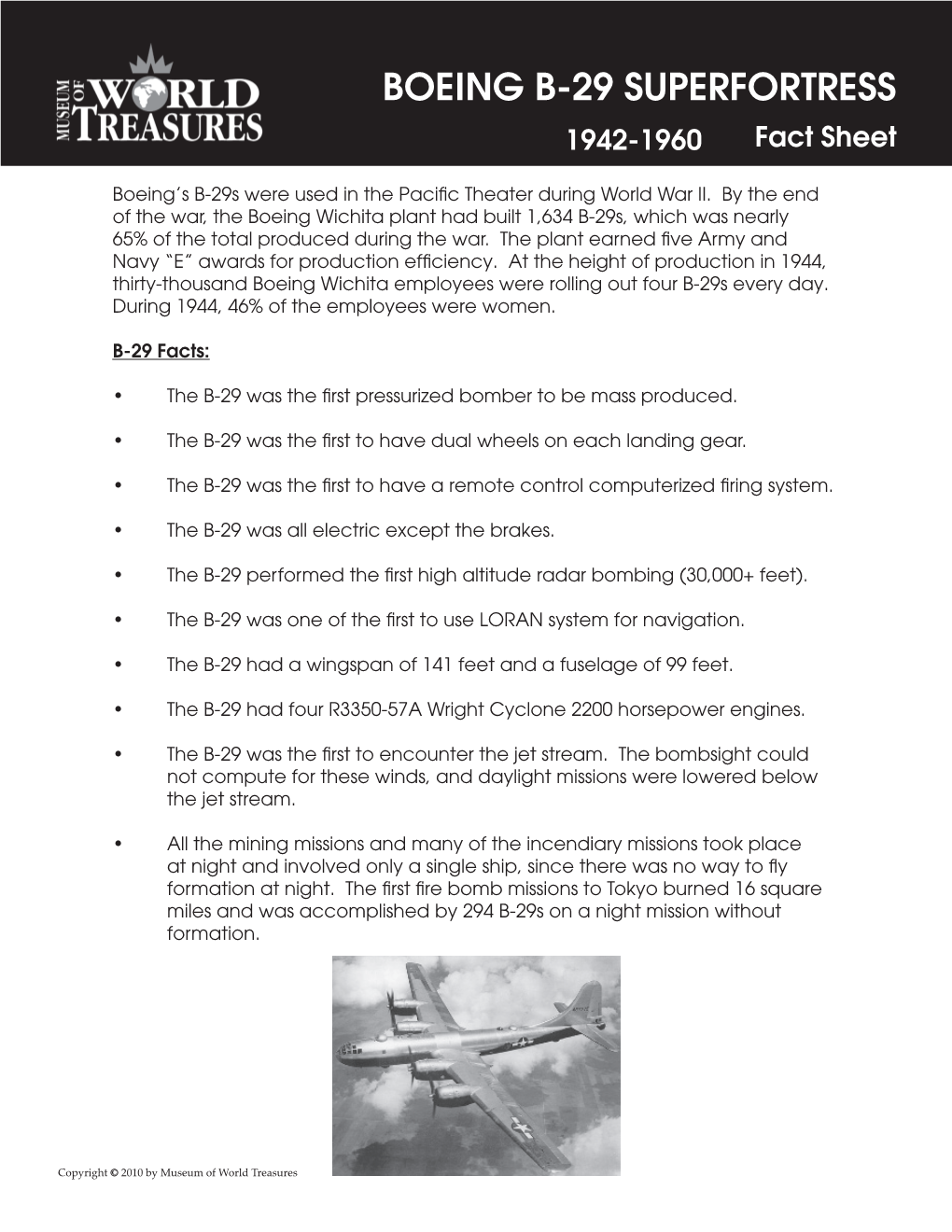 BOEING B-29 SUPERFORTRESS 1942-1960 Fact Sheet