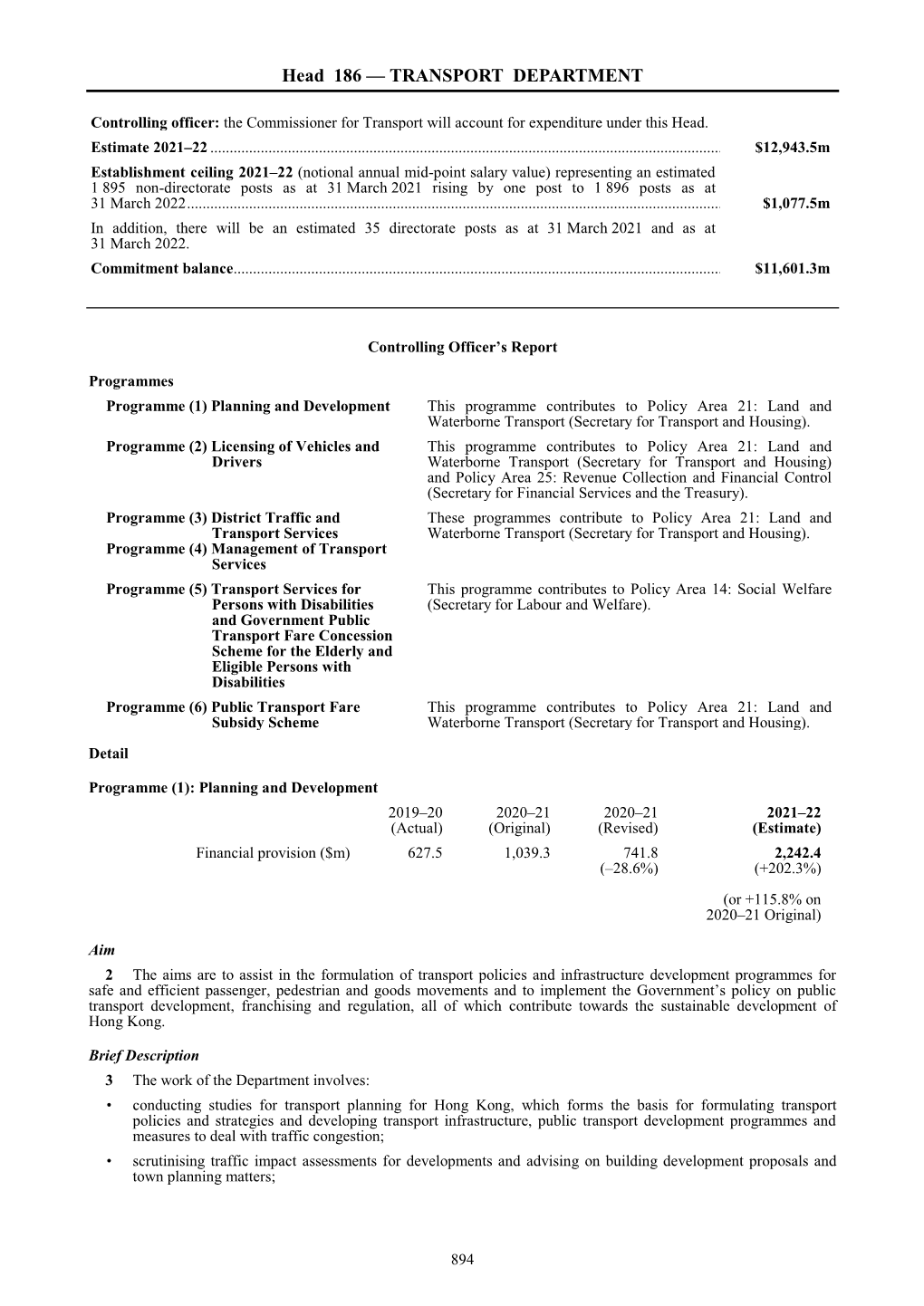 Head 186 — TRANSPORT DEPARTMENT