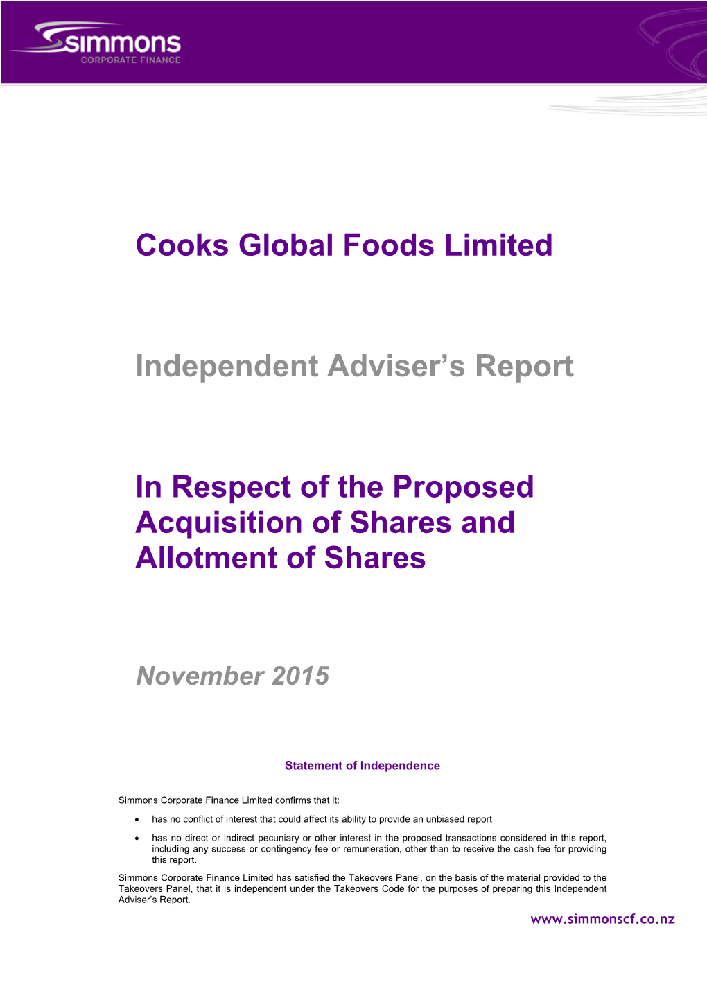 Cooks Global Foods Limited Independent Adviser’S Report