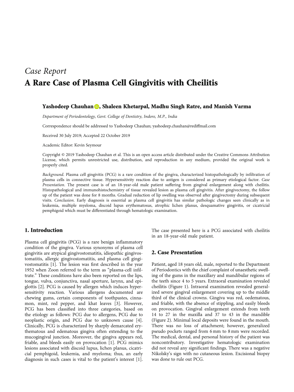 Case Report a Rare Case of Plasma Cell Gingivitis with Cheilitis