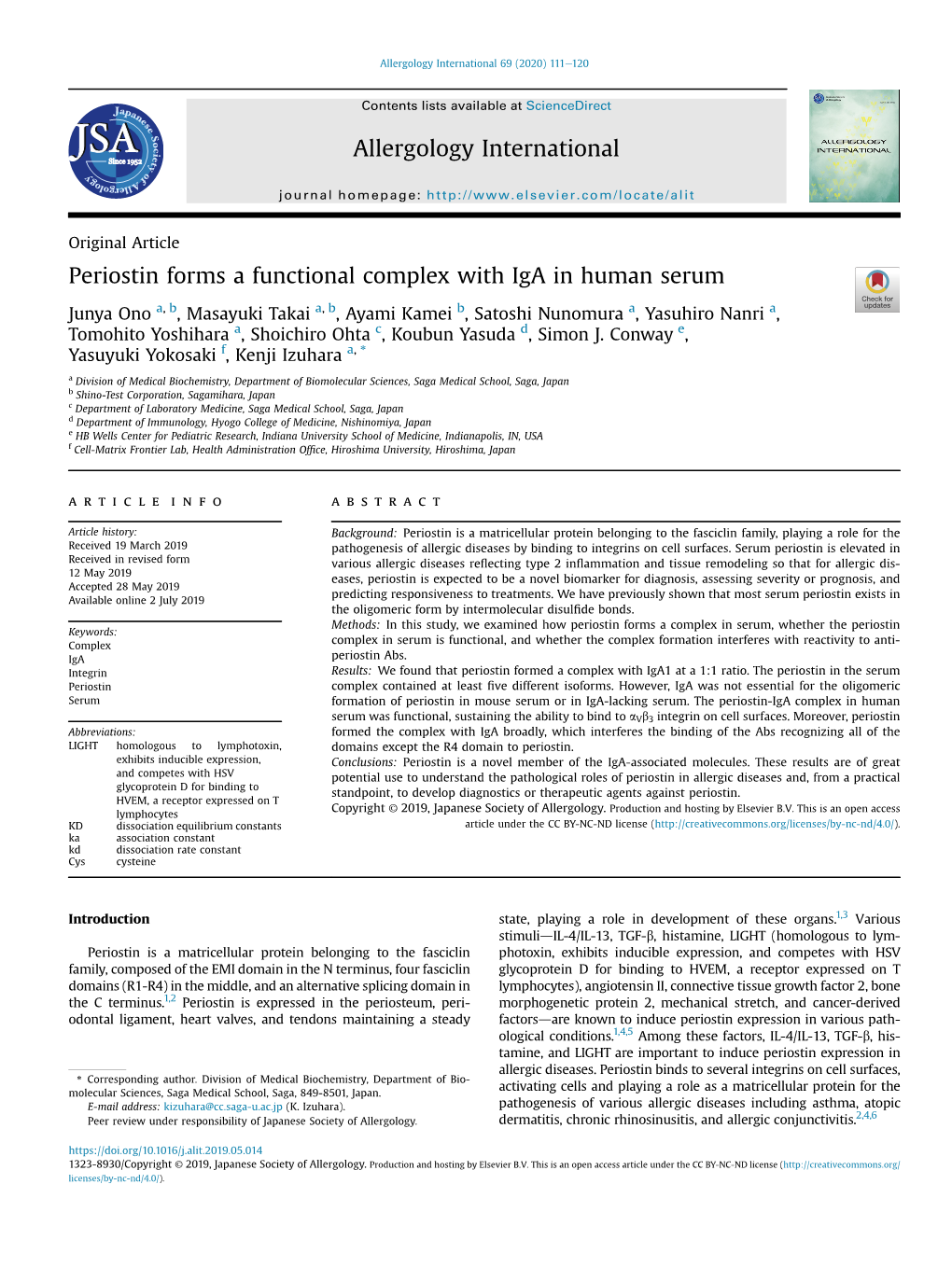 Periostin Forms a Functional Complex with Iga in Human Serum