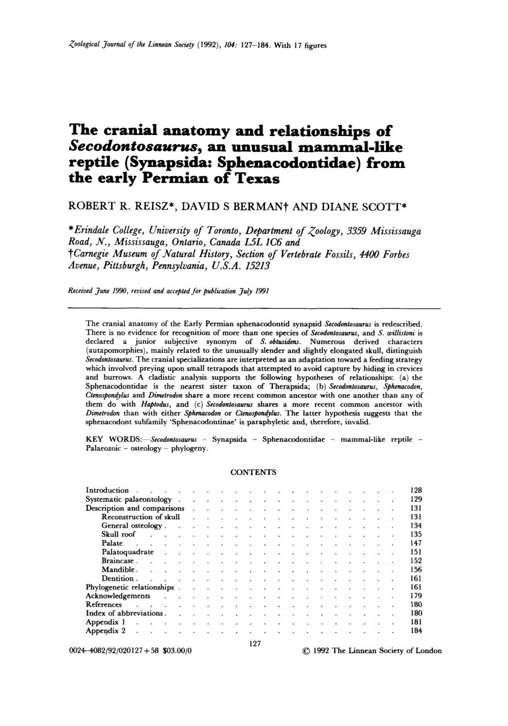 The Cranial Anatomy and Relationships of Secodontosaurus, an Unusual Mammal-Like Reptile (Synapsida: Sphenacodontidae) from the Early Permian of Texas